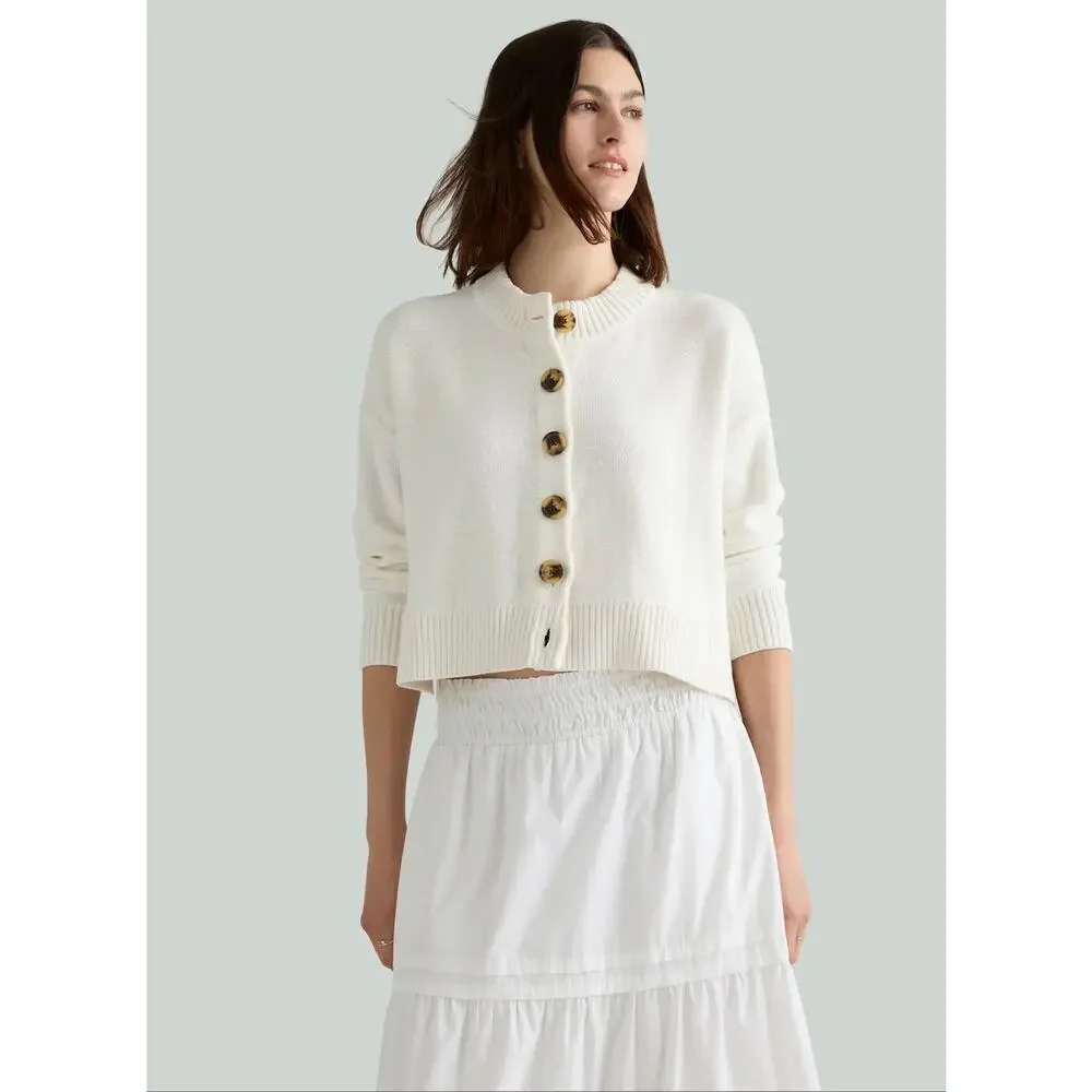 Quince Ivory Organic Cotton Boxy Cropped Chunky Knit Oversized Cardigan Sz L New - Picture 3 of 8